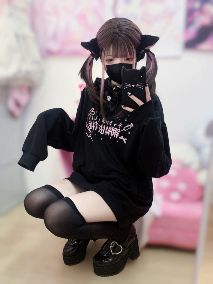 Jirai Kei Black White Hoodie Tenshi Kaiwai Hoodie 32346:408750 32346:408750