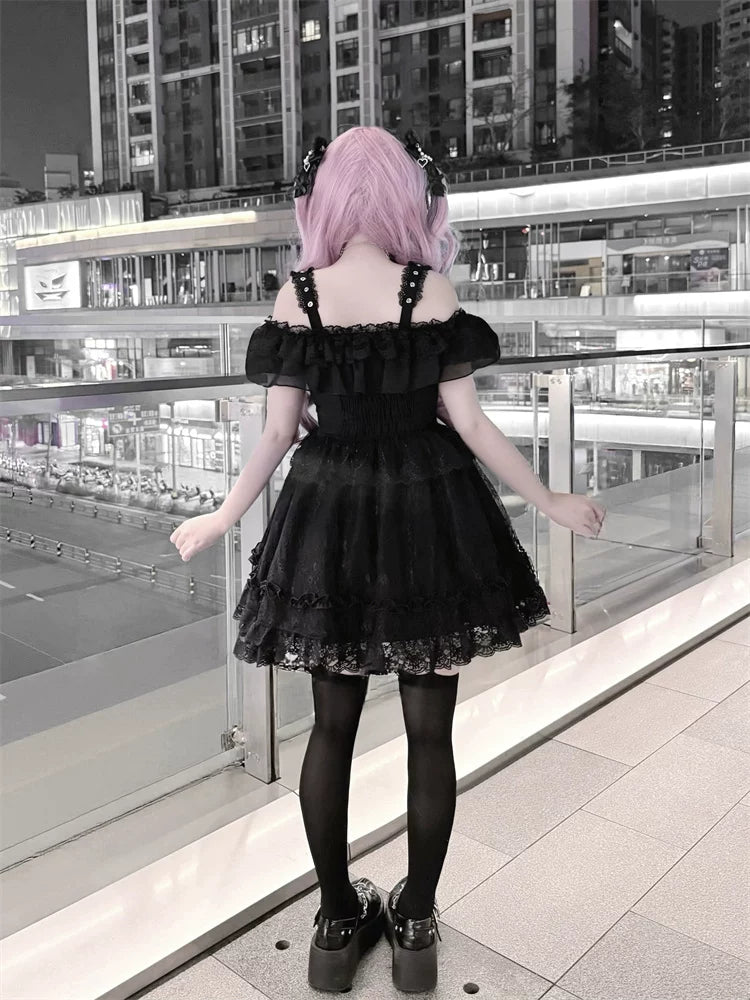 Black Jirai Kei Open Shoulder Dress, Rhinestone Strap 44950:832349