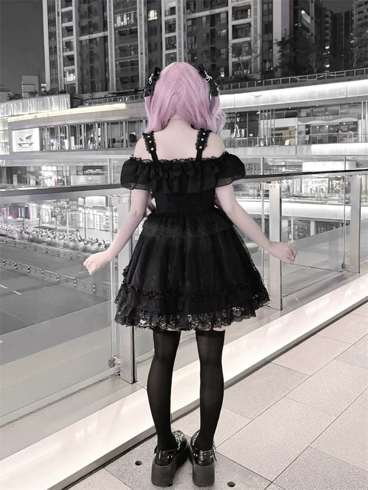 Black Jirai Kei Open Shoulder Dress, Rhinestone Strap 44950:832349