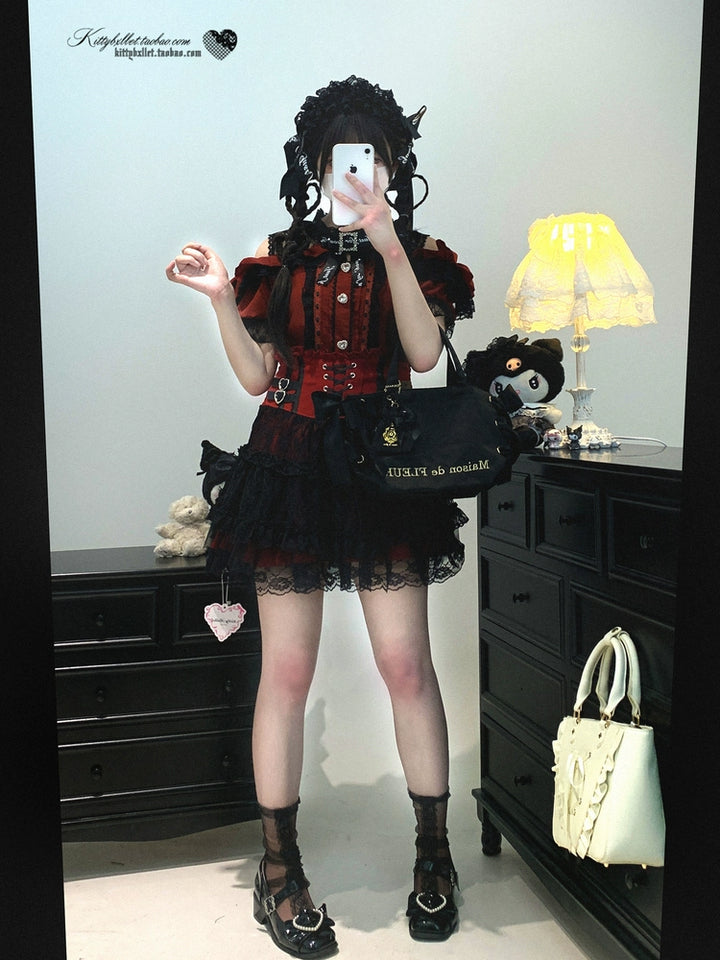 Lace Open Shoulder Jirai Kei Blouse, Heart Rhinestone 43692:783115