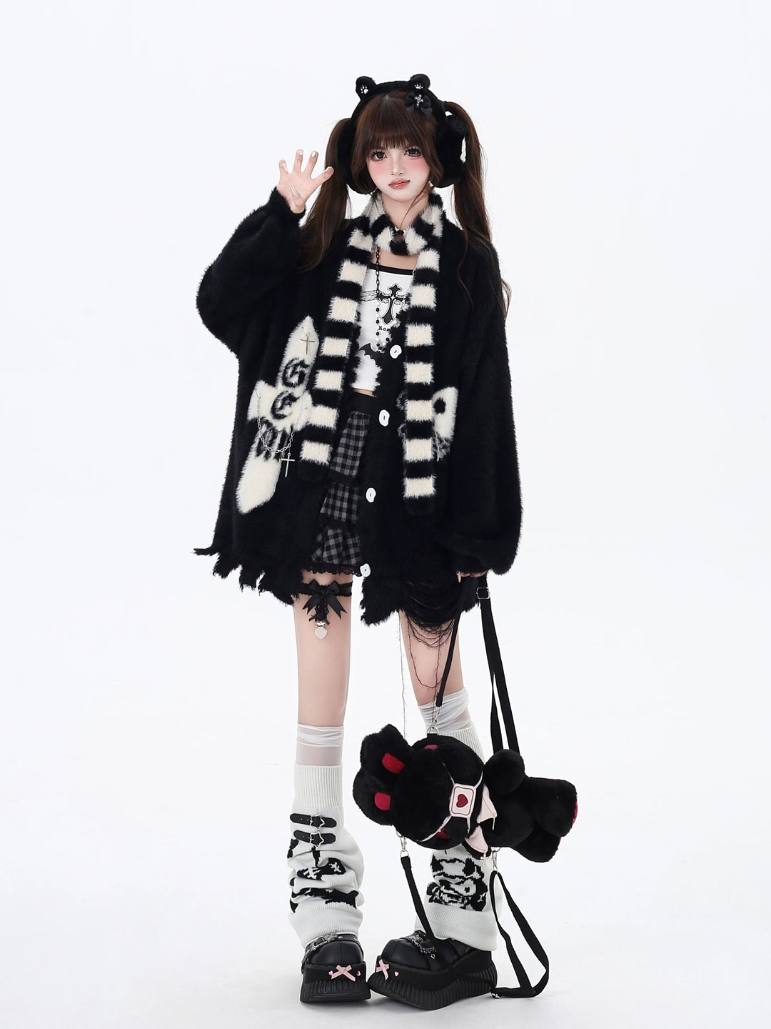 Subculture Sweater Irregular Hem Cardigan With Striped Scarf (L M S) 40922:680410