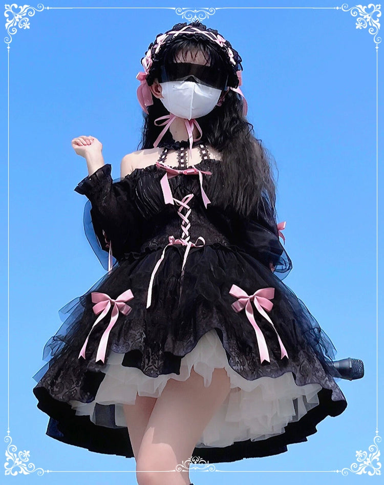 Gothic Lolita Dress Long Sleeve Dress Black Pink Puffy Dress 32084:381966 32084:381966