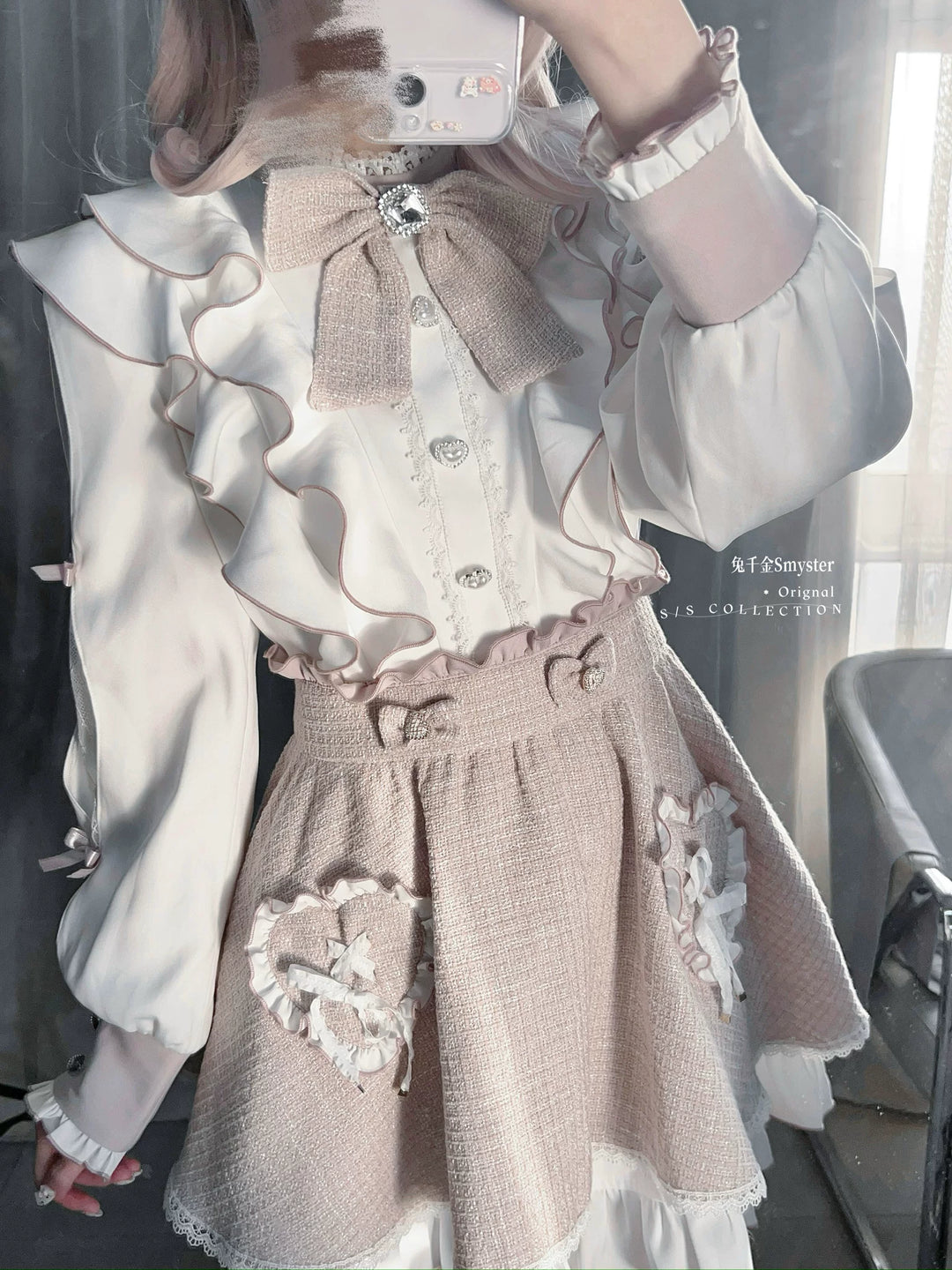 Pink and White Ryousangata Tweed Dress, Elastic Shorts 44755:825247