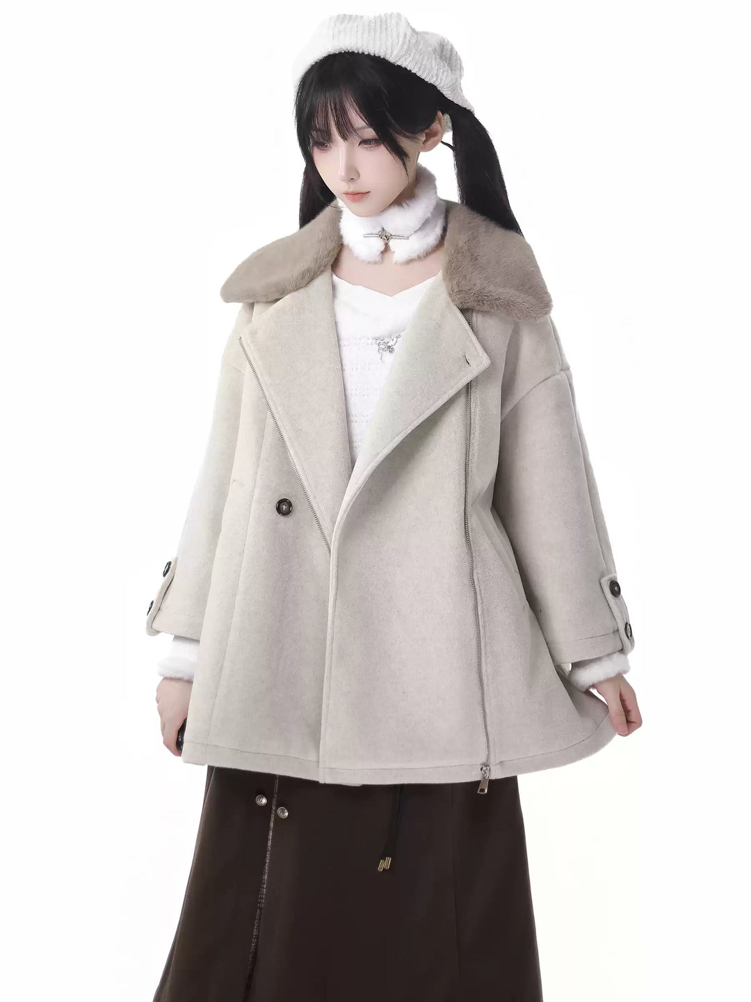 Mori Kei Outfit Set Plush Coat Sweater Skirt Set 41114:694704