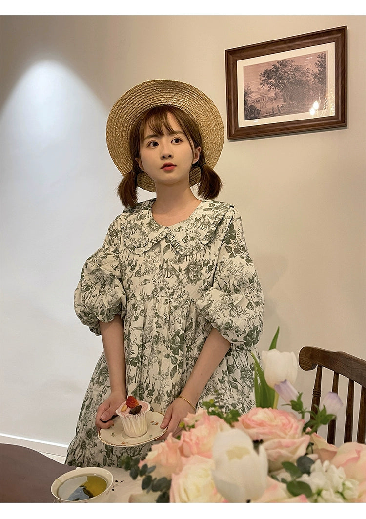 Mori Kei Dress Bubble Sleeve Vintage Green Floral Dress 36552:531166
