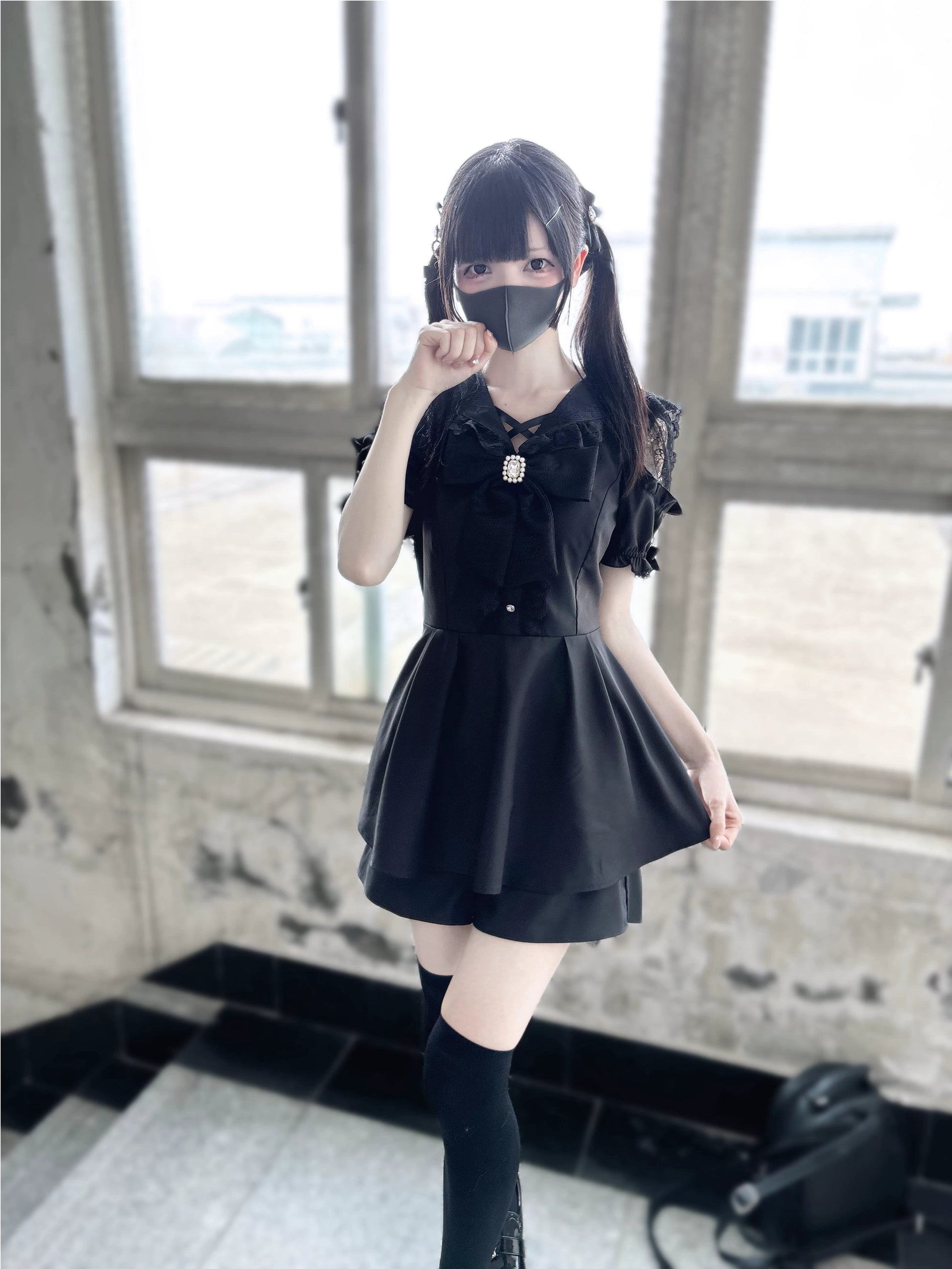 Jirai Kei Dress Set Black Short Sleeve Dress And Shorts 37848:571562