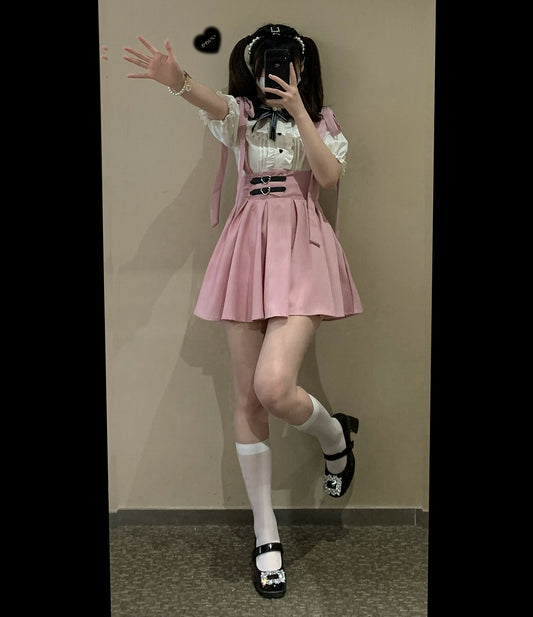 Jirai Kei Overall Dress Salopette Heart Buckle Suspender Skirt (Pink / Preorder) 35386:526728