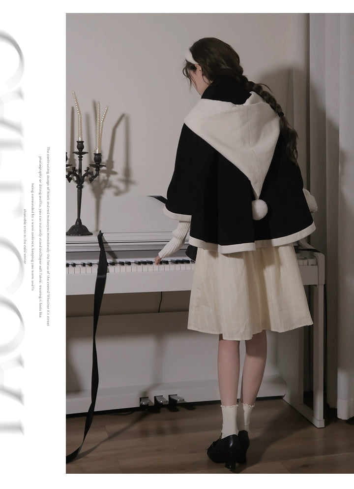 Elegant Lolita Winter Coat Black and White Camellia Cape 40284:658220