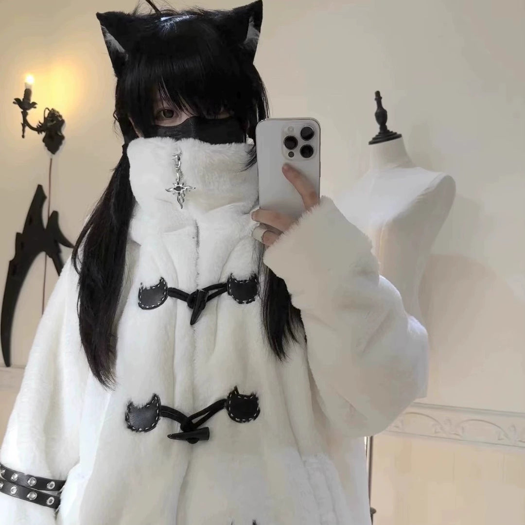 Plus Size Jirai Kei Coat Black White Winter Coat Cat Ear Hooded (White) 40330:658294