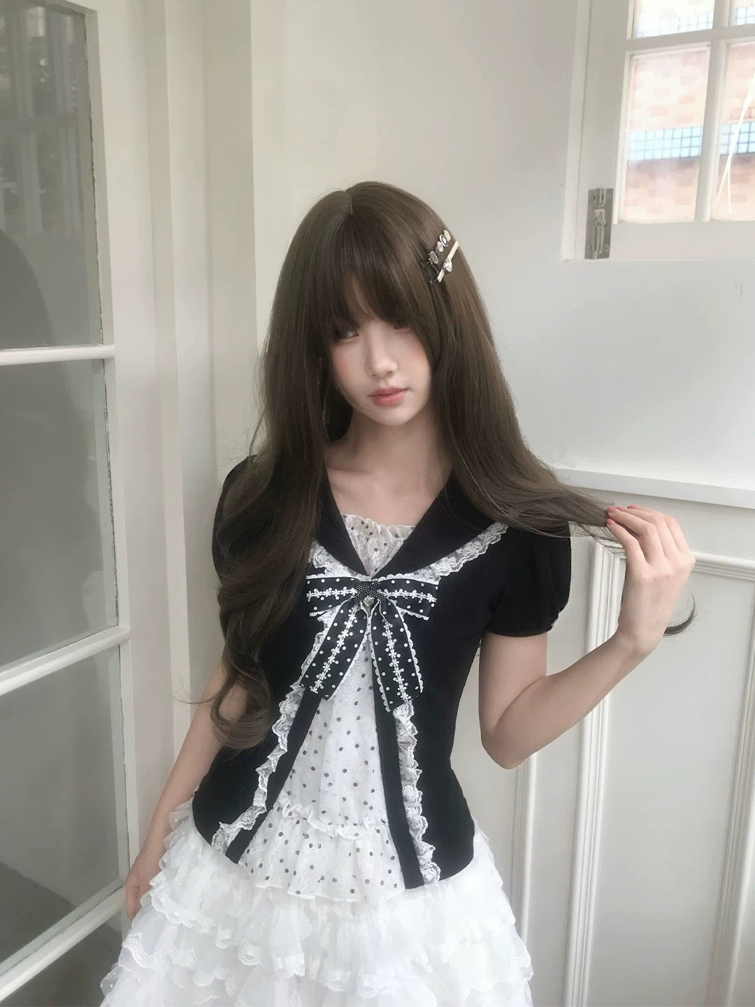 Sweet Polka Dot Sailor Collar Blouse, Elastic Waist Skirt 45346:850174