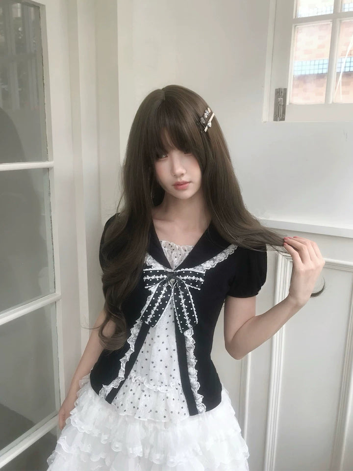Sweet Polka Dot Sailor Collar Blouse, Elastic Waist Skirt 45346:850174