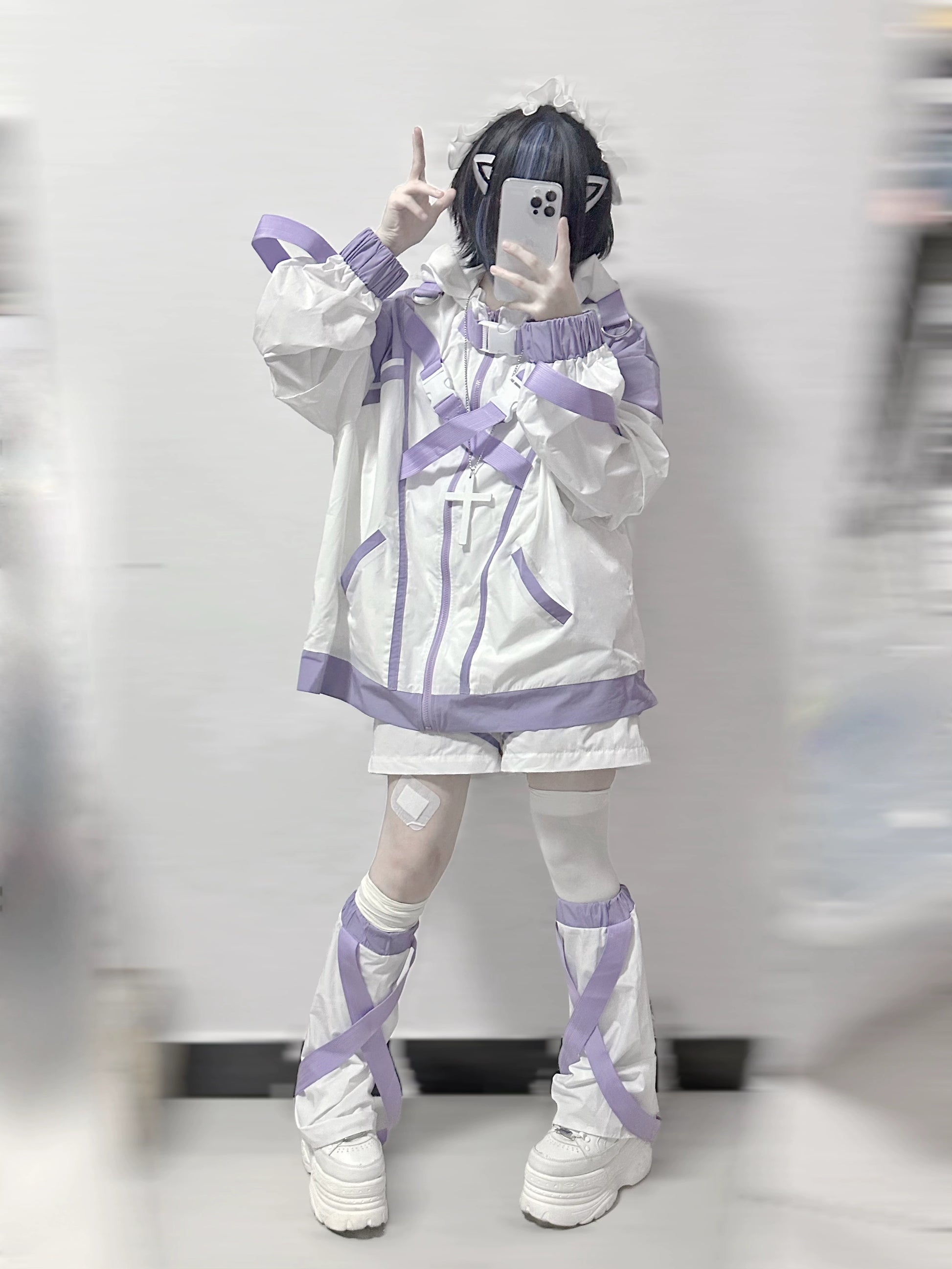 Jirai Kei Hoodie Set Oversize White Purple Sports Coat Set 37124:552968