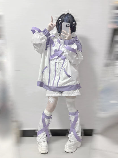 Jirai Kei Hoodie Set Oversize White Purple Sports Coat Set 37124:552968