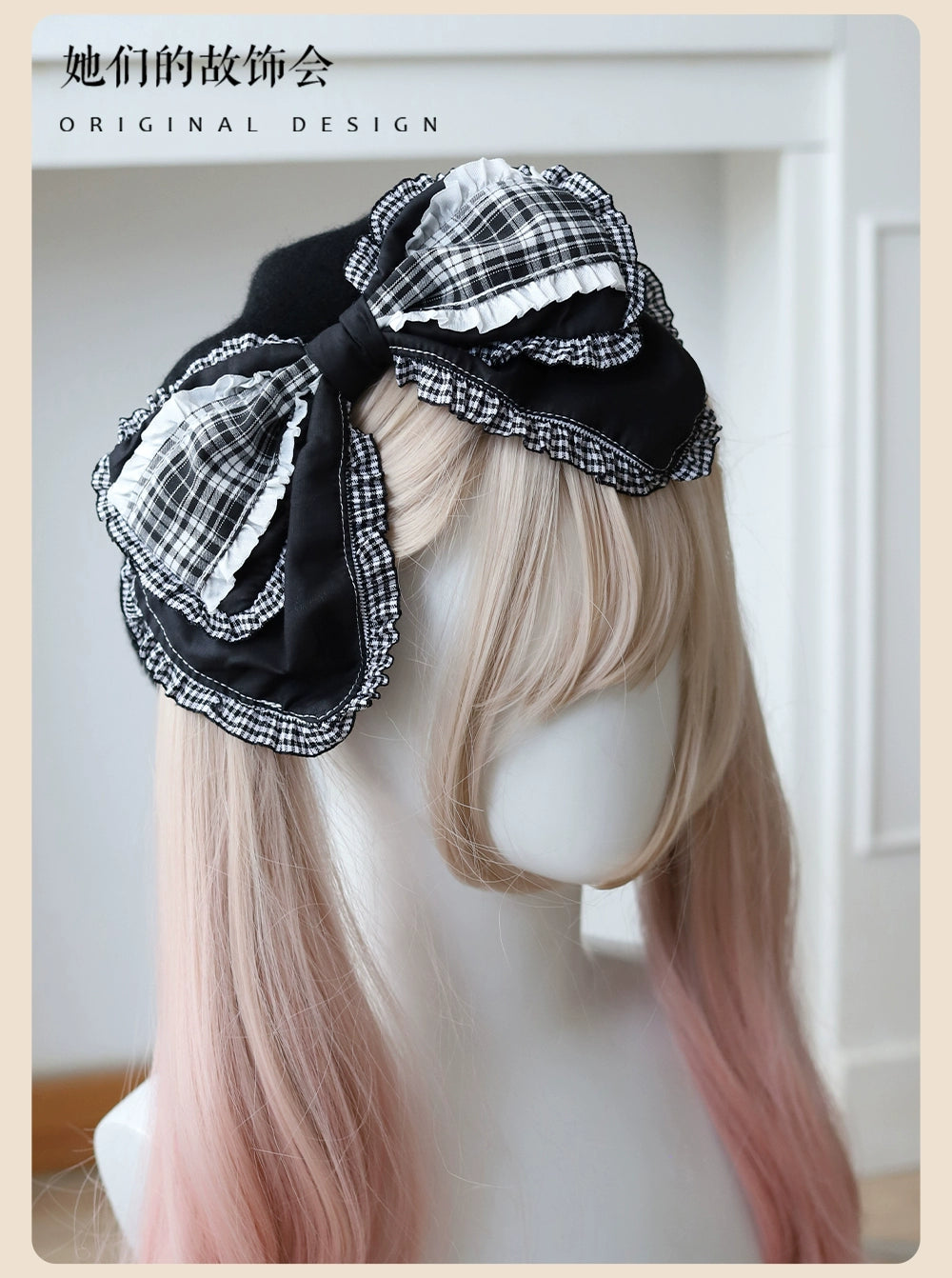 Lolita Beret Retro Bow Hat Black And White Plaid Hat 39650:635442