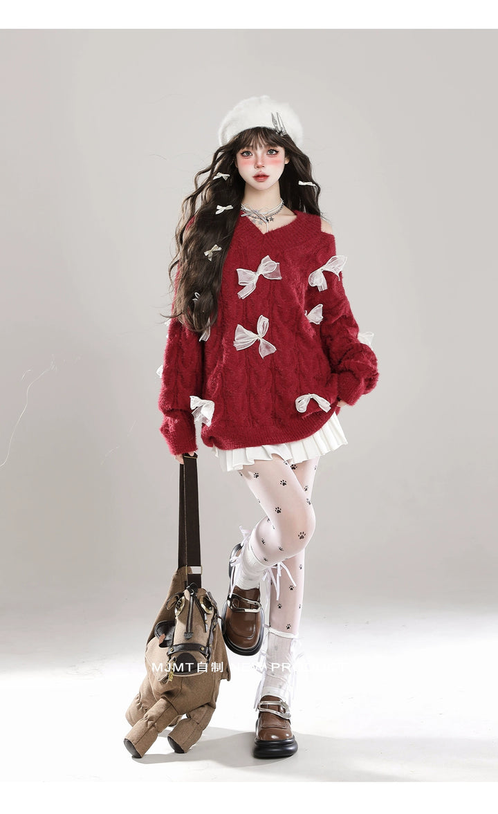 Sweet Winter Sweater, Open-Shoulder, Ribbon Bows 44070:795149