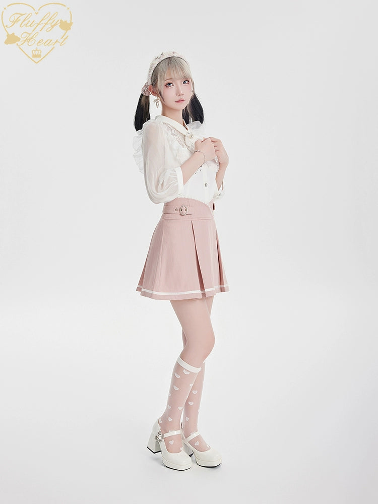White Pink Jirai Kei Blouse Sheer Lace Shirt with Rhinestone 32914:403918