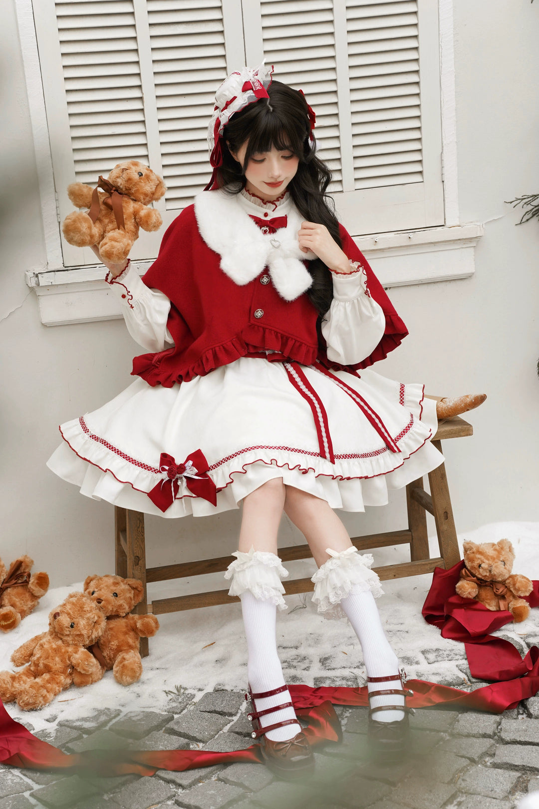 Christmas Dress Outfit, Red Cape with Detachable Collar 44323:804989