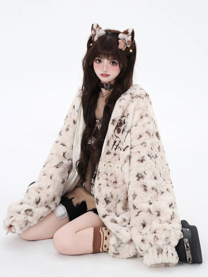 Jirai Kei Fleece Coat Leopard Print Hooded Jacket (L M S) 40746:677818