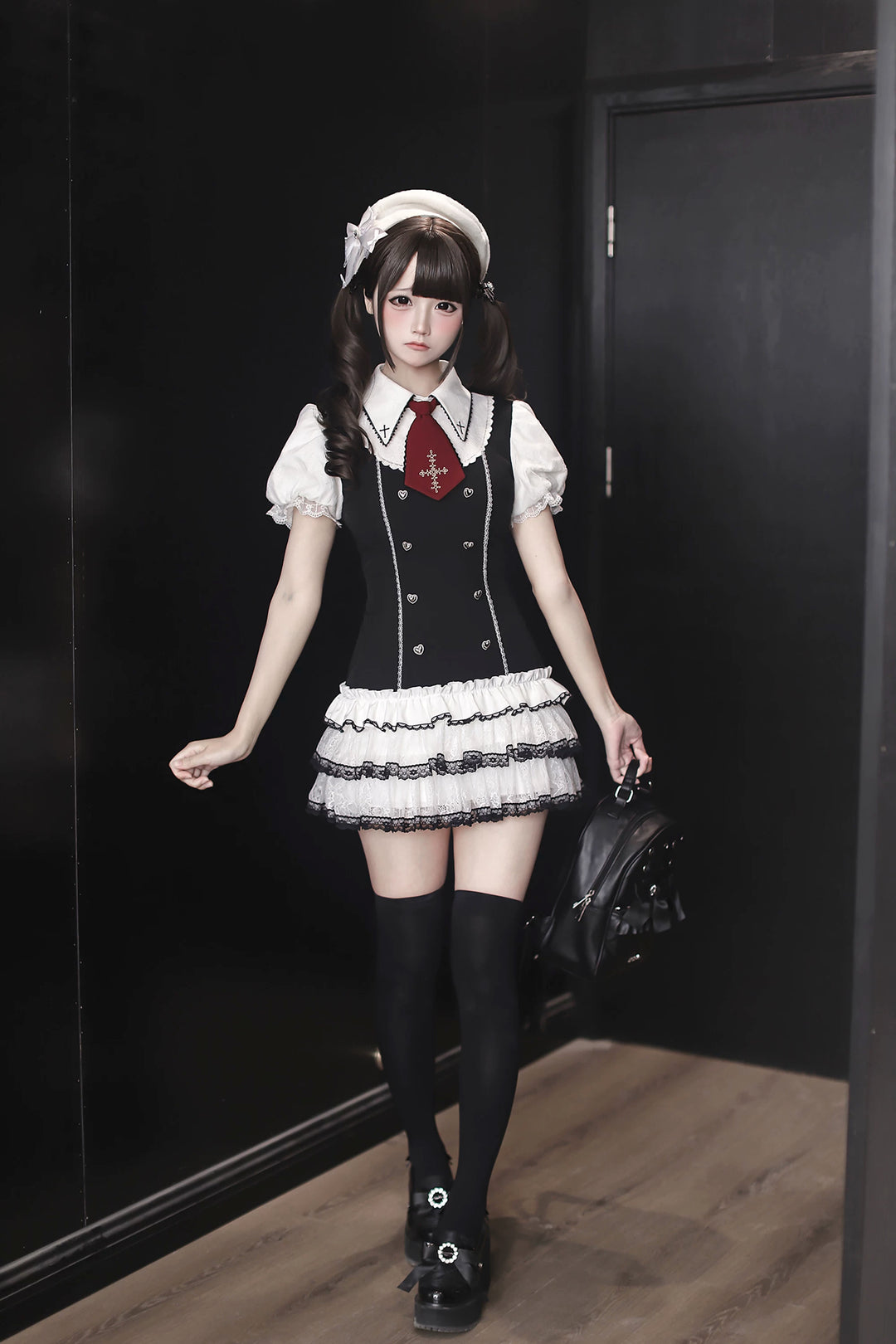 Preppy Style Low-Waist Dress Set, Cross Details 44746:823812