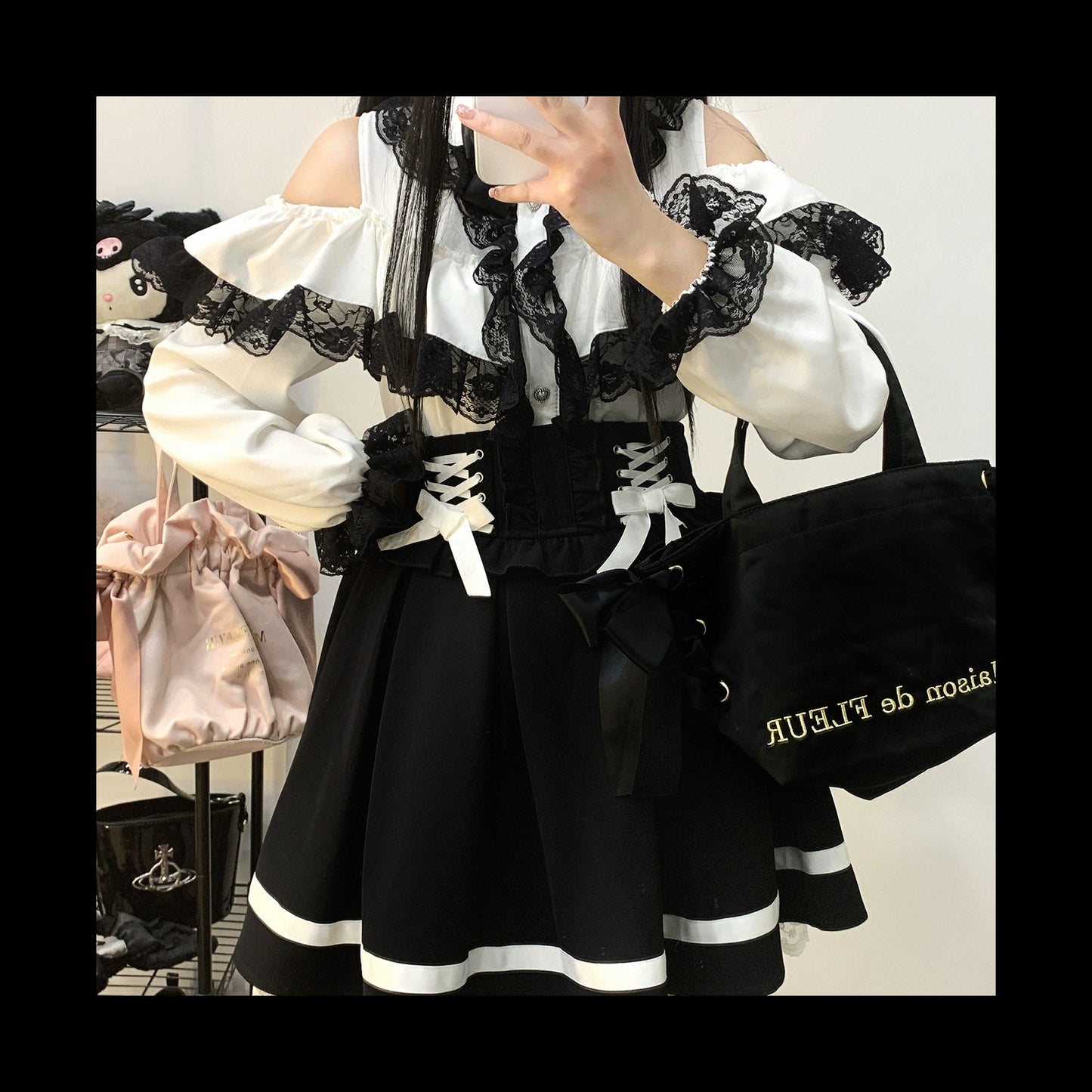 Jirai Kei Black White Blouse Double Layer Hollowed Sleeves Shirts 31856:372556