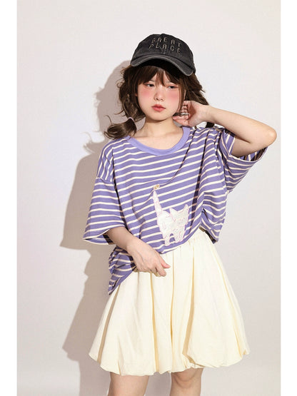 Kawaii Aesthetic Shirt Striped Short Sleeve Cotton Top 36562:518512