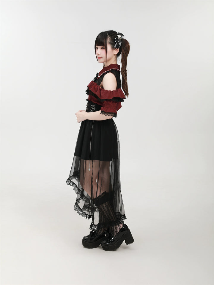 Jirai Kei Shirt with Bust Flounce Hem/Hidden Button 43035:762537