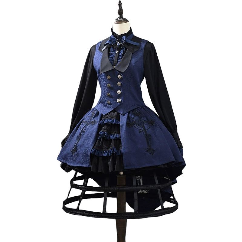 Ouji Lolita Prince Outfit Navy Blue Lolita Blouse Skirt Set 39360:633230