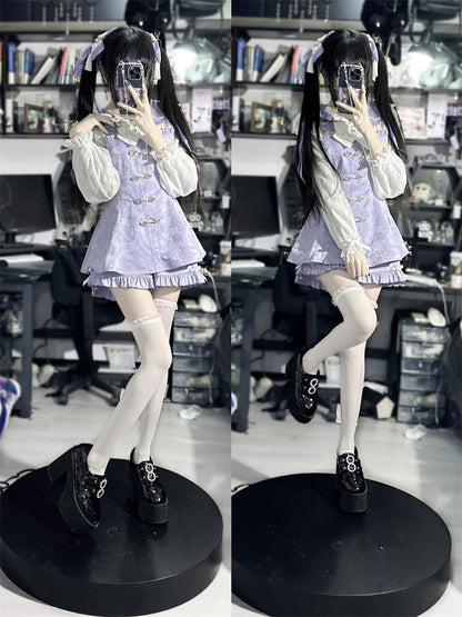 Jirai Kei Dress Long Lace Sleeve Petal Collar Chinese Style Dress Set 34506:512482