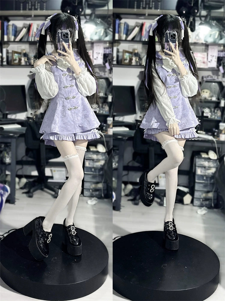 Jirai Kei Dress Long Lace Sleeve Petal Collar Chinese Style Dress Set 34506:512480