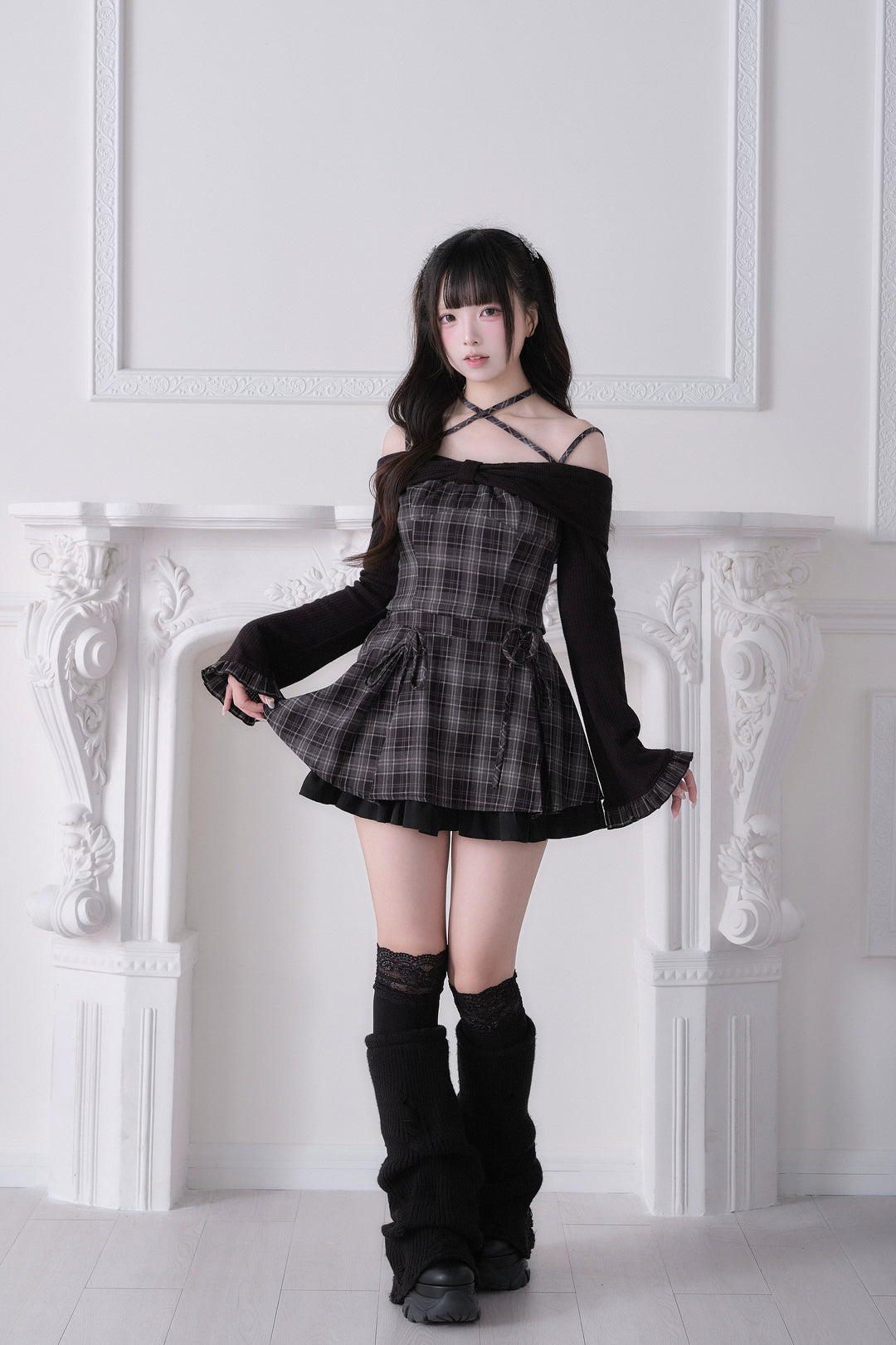 Jirai Kei Plaid Top and Skirt Set, Halter Neckline 44814:822643