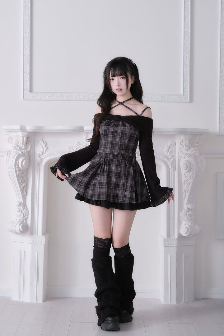 Jirai Kei Plaid Top and Skirt Set, Halter Neckline 44814:822643