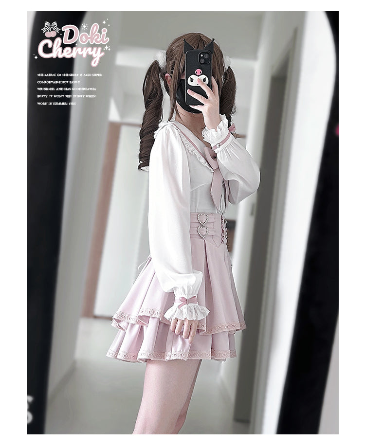 Jirai Kei Outfit A-Line Skirt and Long-Sleeved Blouse with Rhinestone Bow 42520:744279