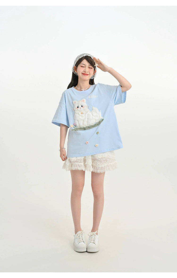 Kawaii T-shirt Short Sleeves Cotton Top Patch Embroidery 35896:559532