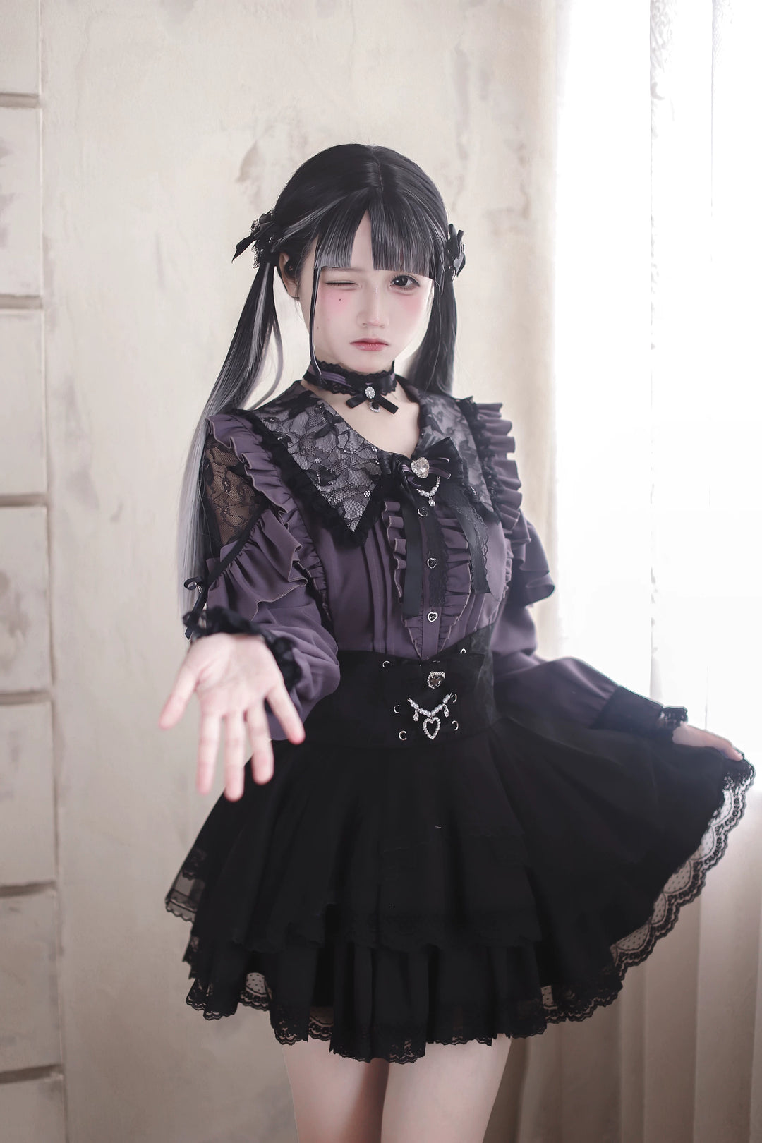 Jirai Kei Long Sleeve Blouse, Lace Open-Shoulder 44588:815037