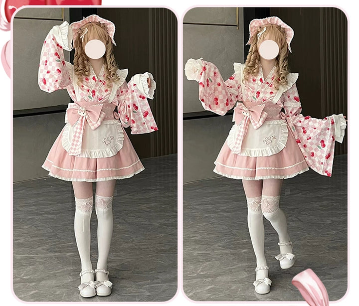 Kimono Lolita Plaid Princess Sleeve Shirt Kawaii Skirt Set 38964:606858