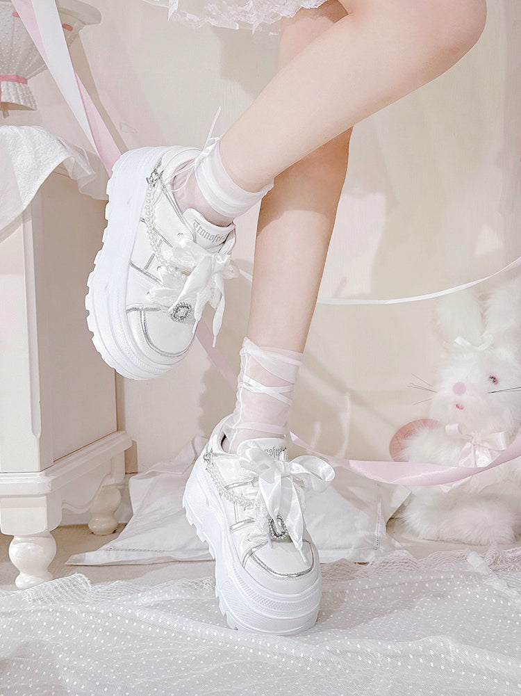 Jirai Kei Sneakers with Square Rhinestone and Detachable Pearl Chain 42360:737214