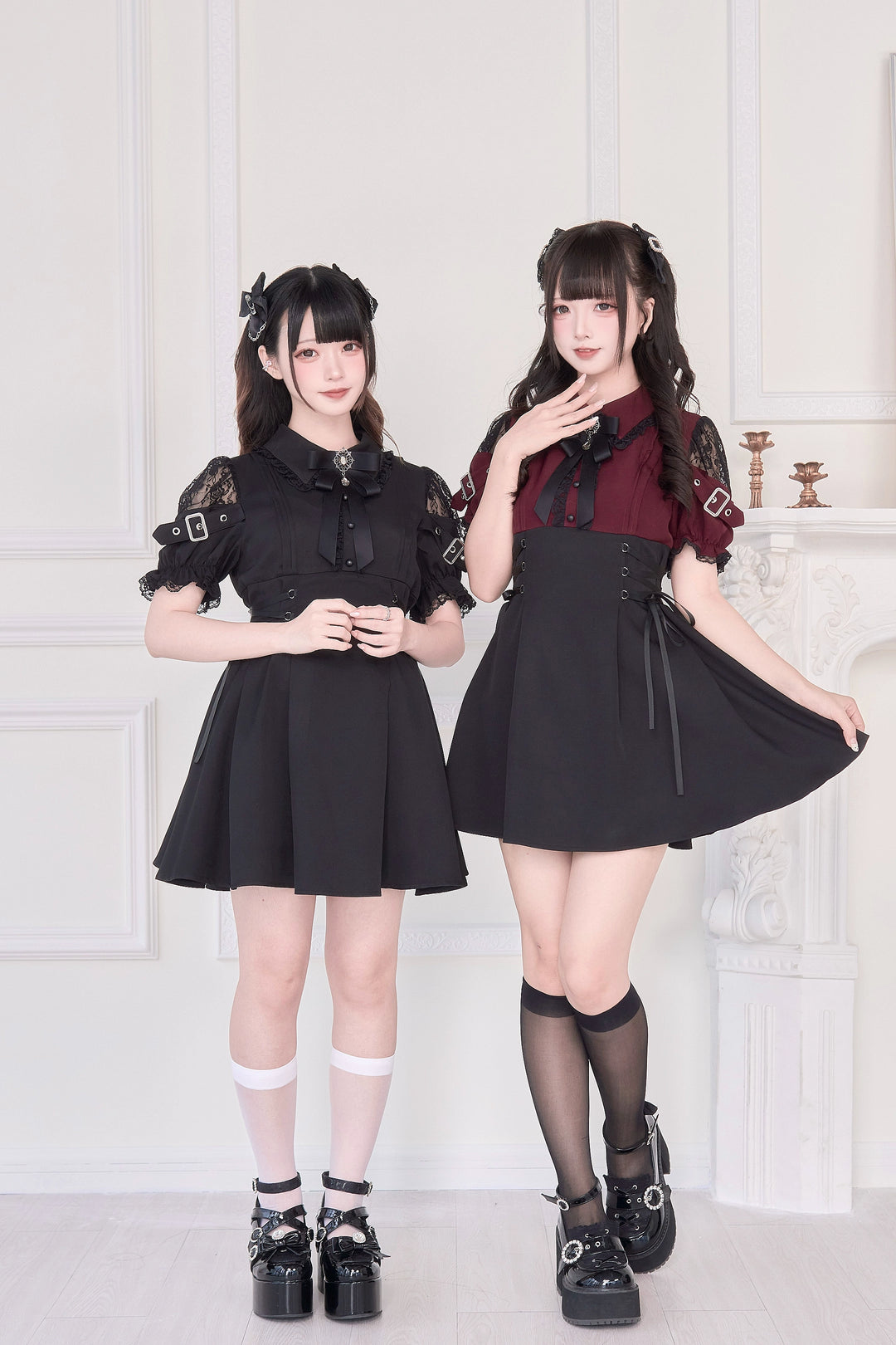 Lace Shoulder Jirai Kei Dress, Pleated Skirt 43534:779082