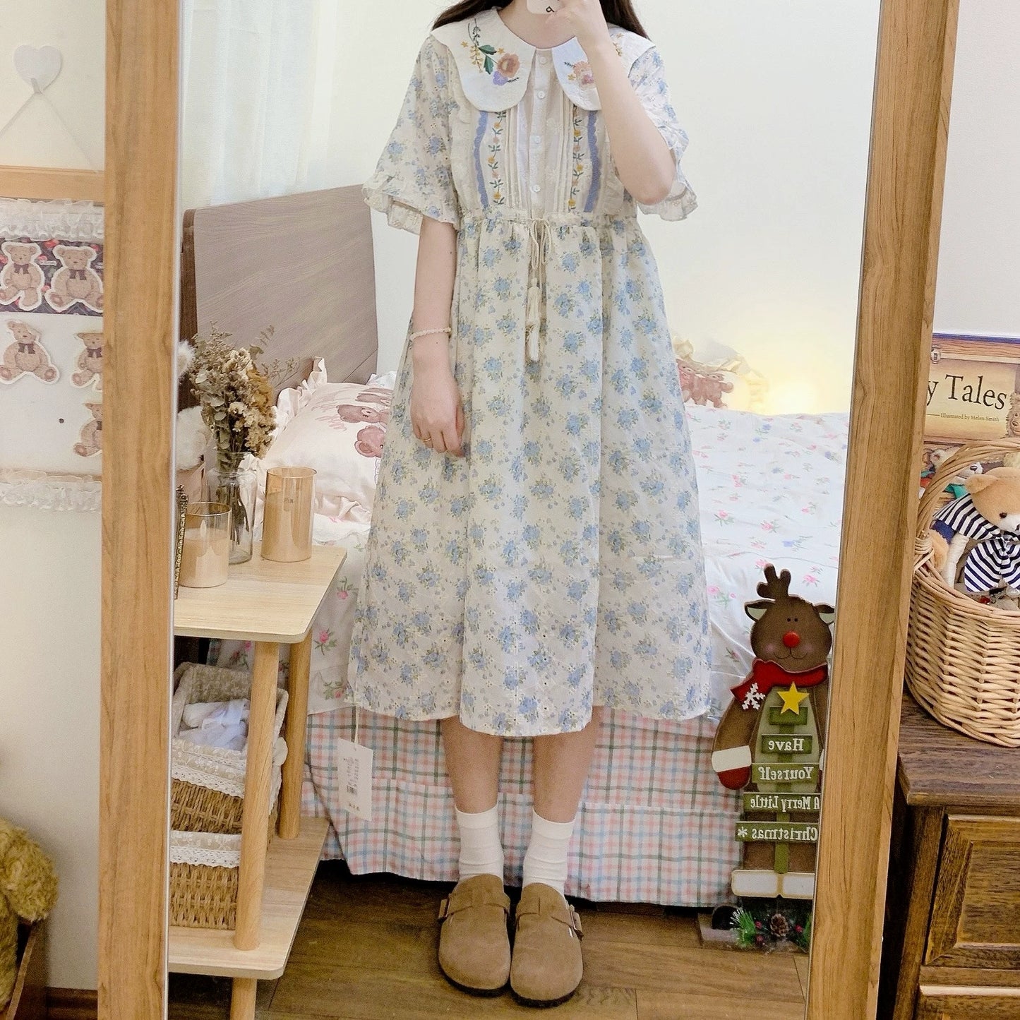 Cottagecore Dress Mori Kei Dress Blue Floral Dress 36236:526716