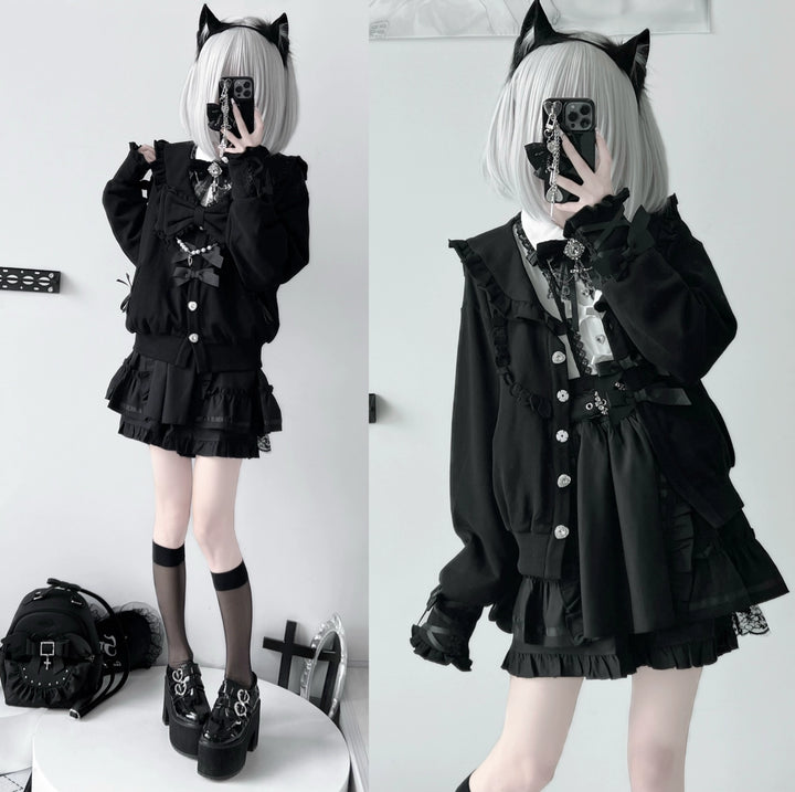 Jirai Kei Jacket Sailor Collar Coat With Lace Bow and Peal Chain 42148:728533