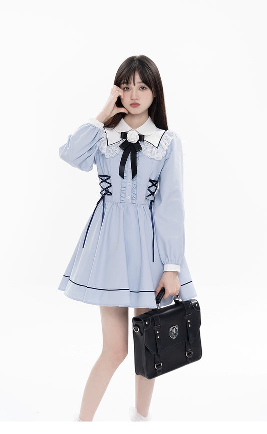 Kawaii French Style Light Blue Long Sleeve Ribbon Dress 21990:325080