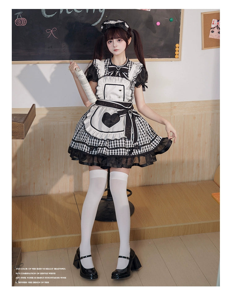 Plaid Jirai Kei OP Dress in Maid Style with Removable Apron 43004:763145