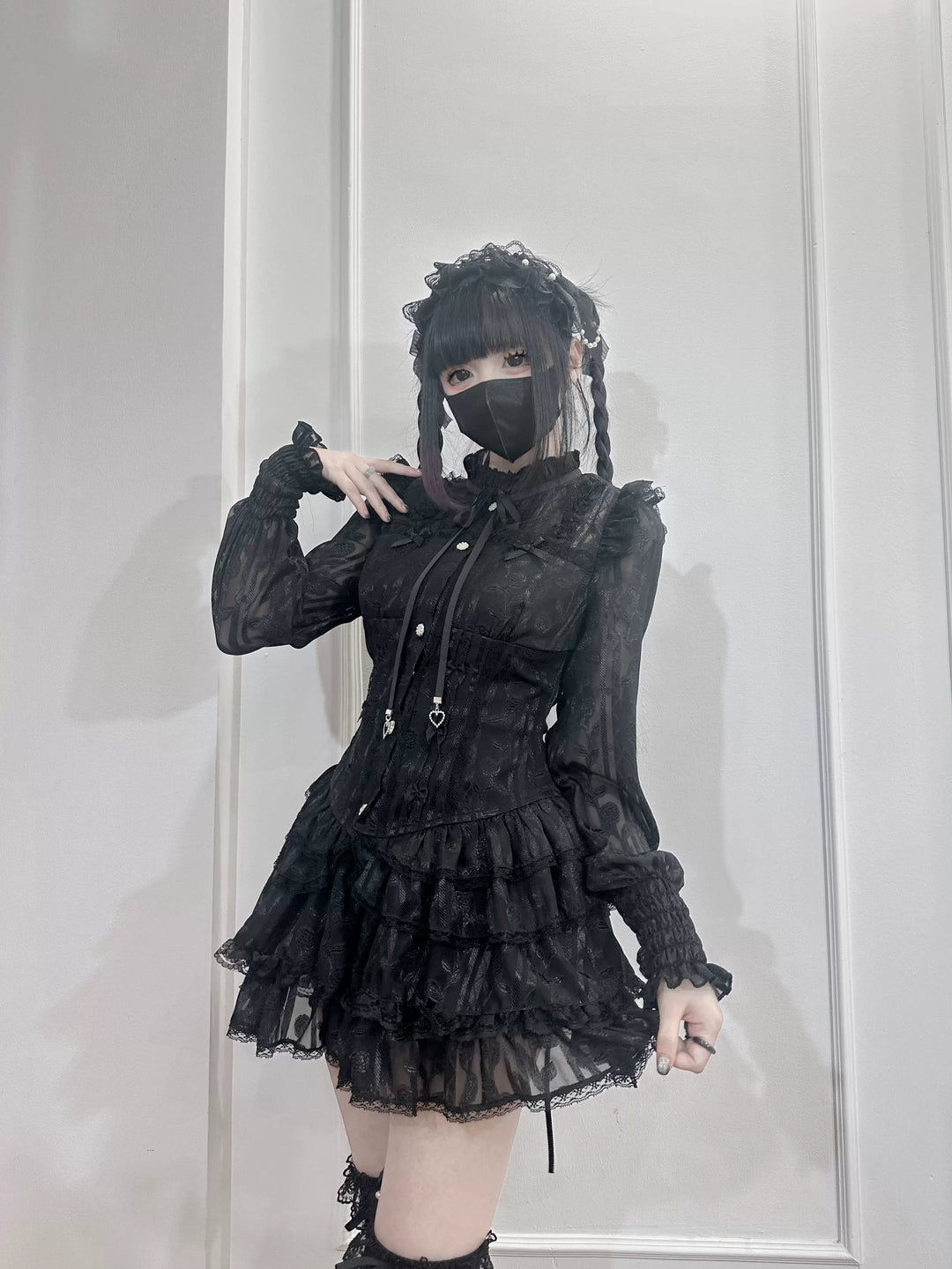 Jirai Kei Blouse & Bloomers Set, Ruffled Stand Collar 44959:831571