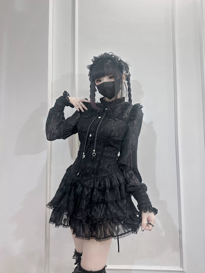 Jirai Kei Blouse & Bloomers Set, Ruffled Stand Collar 44959:831571