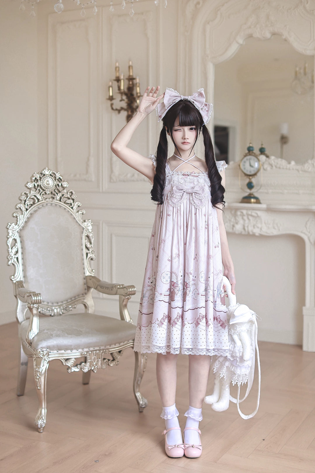 Strawberry Bunny Printed Kawaii Lolita Dress, Halter Neckline 45456:857967