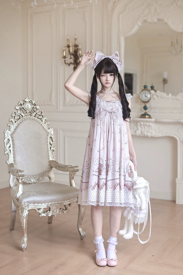 Strawberry Bunny Printed Kawaii Lolita Dress, Halter Neckline 45456:857967