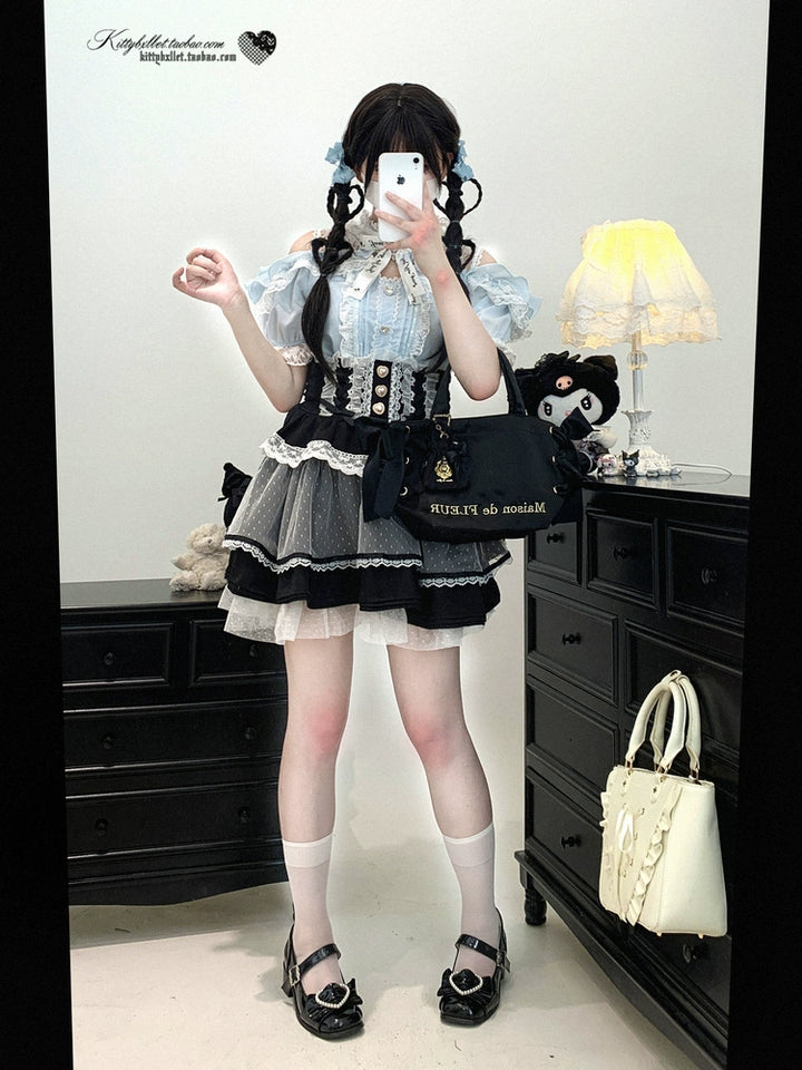 Lace Open Shoulder Jirai Kei Blouse, Heart Rhinestone 43692:783114