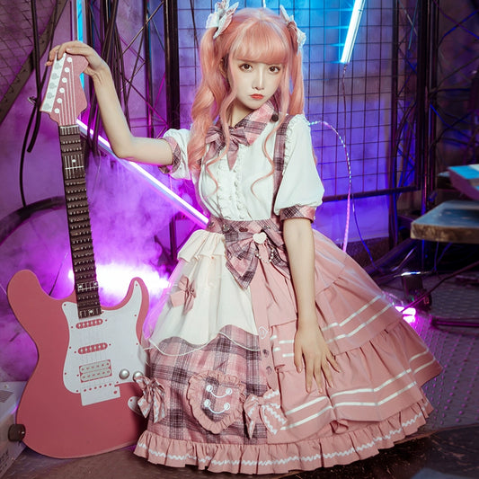 Lolita Dress Suspender Skirt Set Sweetheart Plaid Outfit (Pink / L M S XL) 37004:543938