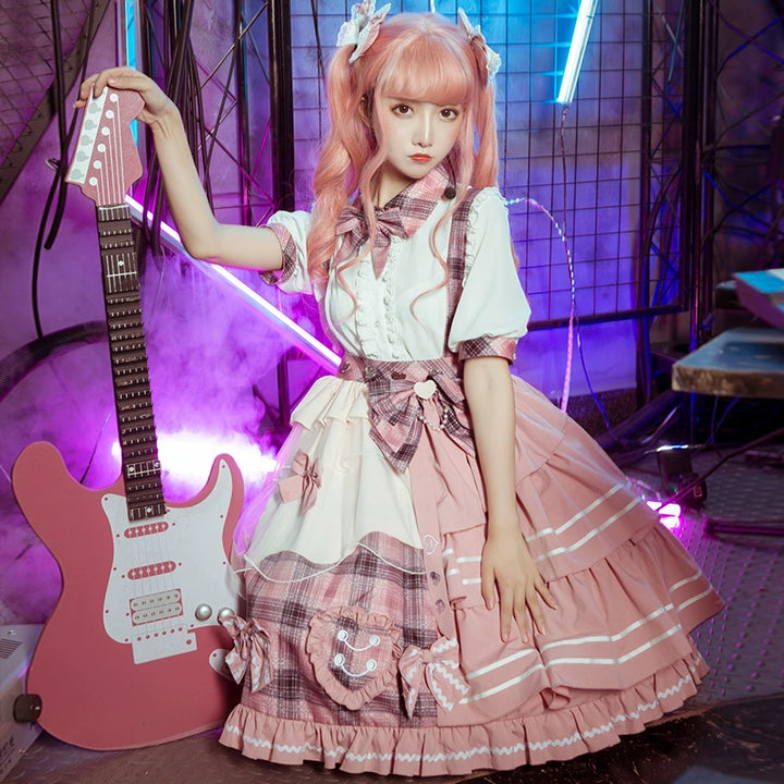 Lolita Dress Suspender Skirt Set Sweetheart Plaid Outfit (Pink / L M S XL) 37004:543938 (Pink / L M S XL) 37004:543938