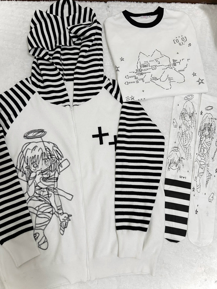 Yami Kawaii Coat Black White Striped Sweater Cat Ear Hoodie 40028:648916