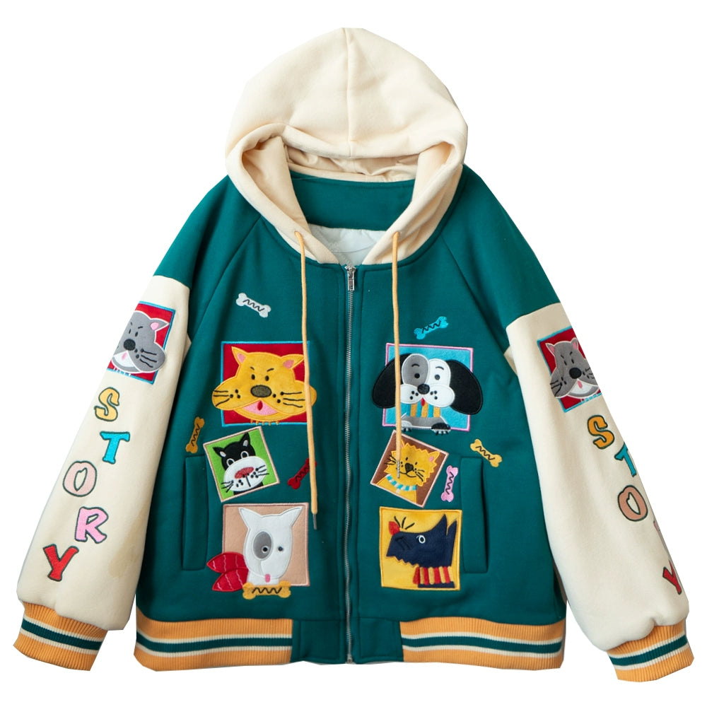 Kidcore Winter Coat Cartoon Embroidery Patch Oversized Hooide 31514:366608